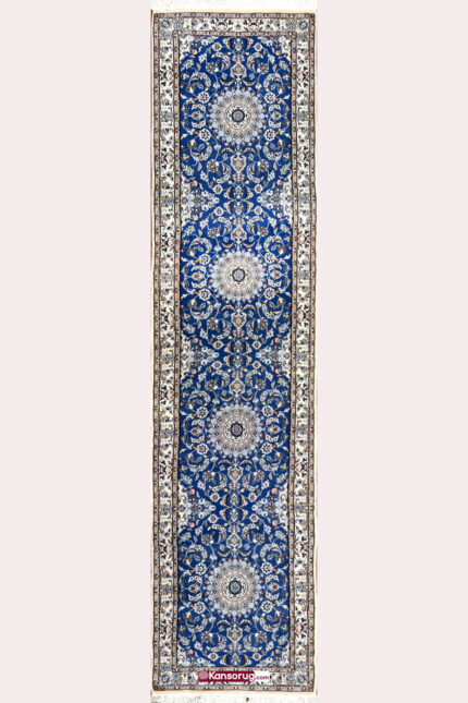 Handmade Blue Persian Nain Runner Rug 3 Meter