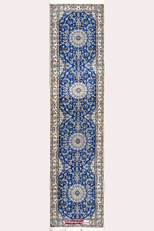 Handmade Blue Persian Nain Runner Rug 3 Meter